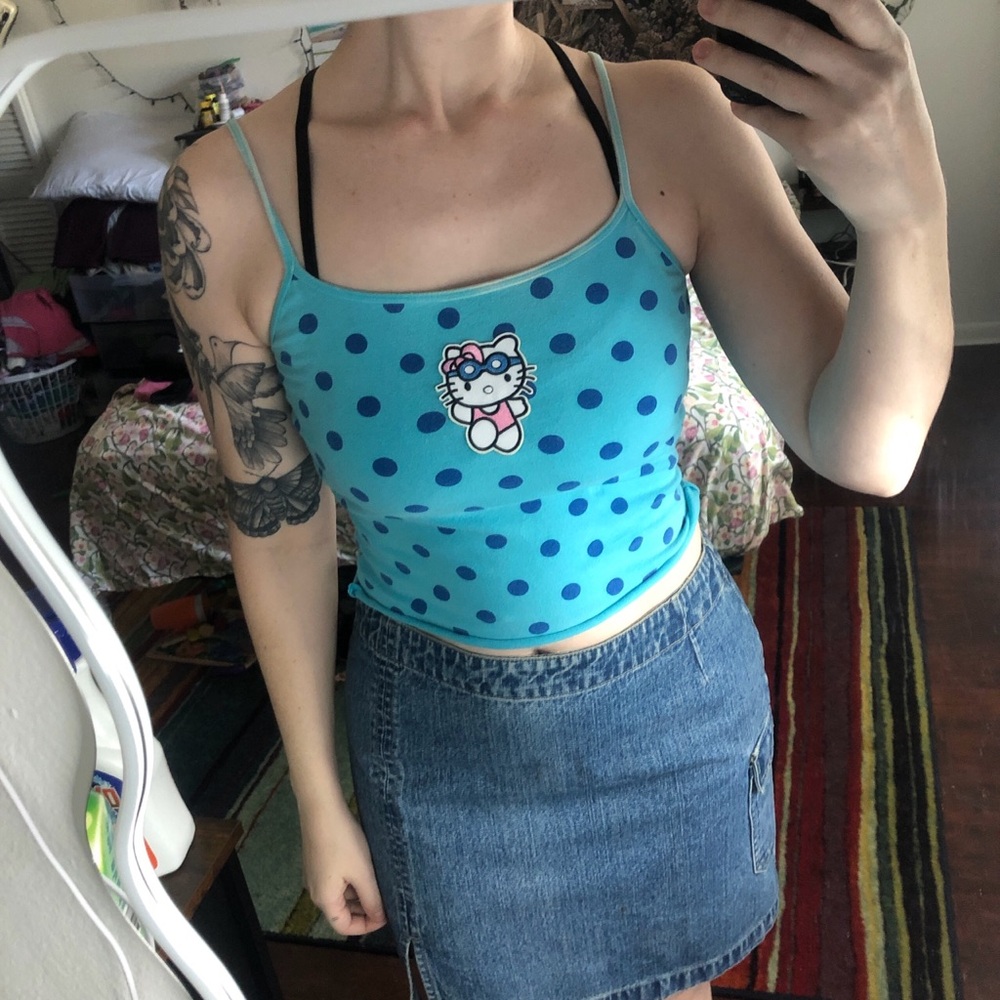 Blue polka dot Hello Kitty tank top with adjustable straps